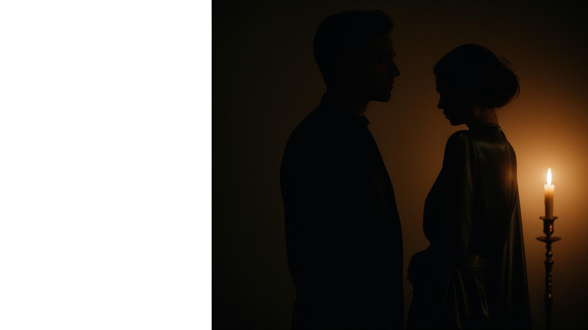 Two figures in candlelight, deep editorial shadow